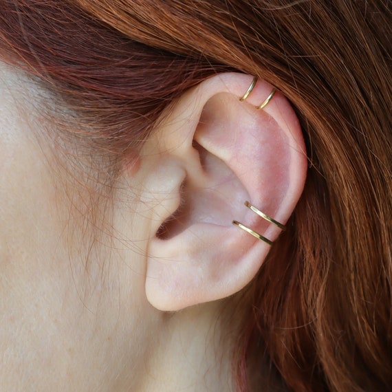 Bague d oreille Ear Cuff argent plaque or 18k Faux piercing Double helix martele Manchette d oreille Sur commande Etsy France