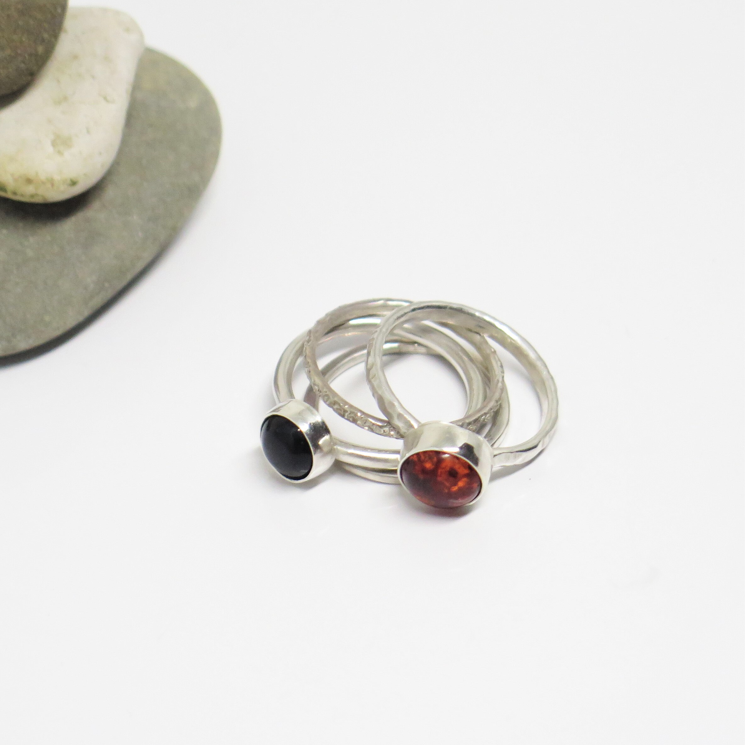 Sterling silver stacking ring set Amber & black onyx ring | Etsy