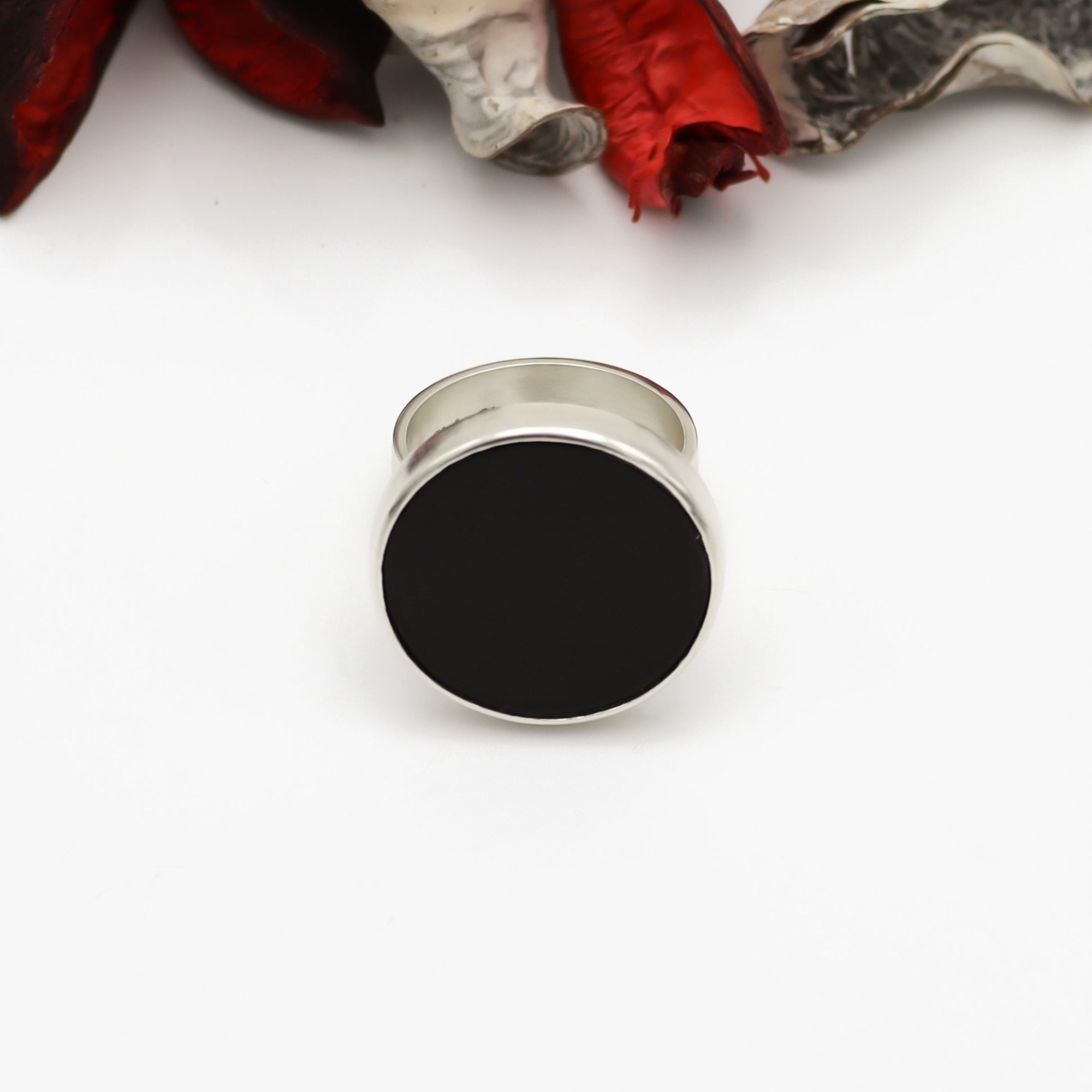 Round Flat Black Onyx Silver Band Ring, 20 Mm Large Onyx