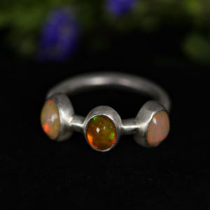 Ethiopian Welo Opal Silver Ring, Thick Band, Three Stone, Size 56 - US 7 3/4
