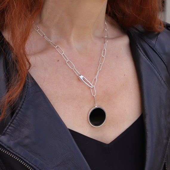 Schwarzer Onyx Designer Doppelseitiger Lariat Etsy Schweiz Halskette, Schmuck Anhänger, Kette Büroklammer - Gliederkette. Silber Rechteck