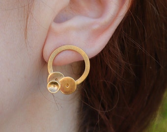 Gold disc hoop stud earrings, Large circle earrings, 24K Gold plated silver hoops, Modernist earrings