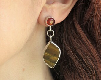 Tiger eye and Amber dangle silver earrings, Long drop earrings. Statement earrings. Multi stone earrings