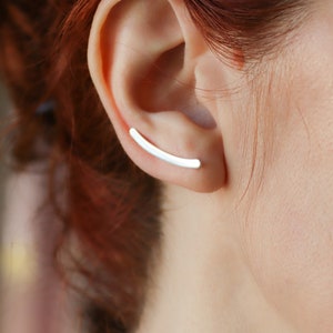 Silver Curved Bar Ear Climber, Minimalist Crawler Earrings, Handmade to order