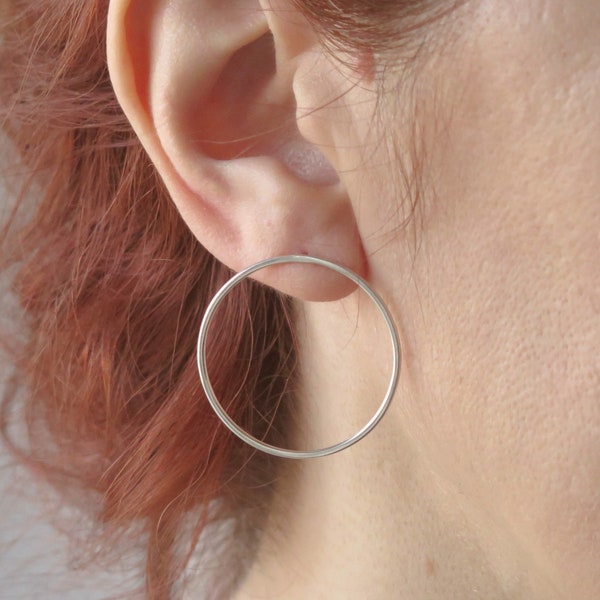 Large hoop stud silver earrings, Open circle earrings. Front hoops, Contemporary jewelry. Made to order