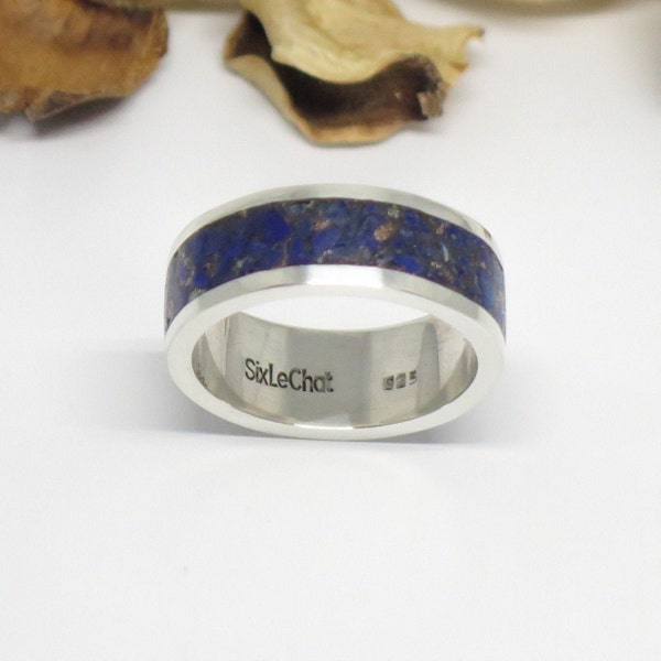 Bague incrustée lapis lazuli argent massif, Bague bandeau, Alliance homme, Bague pierre bleue naturelle, Bague de créateur, Sur mesure