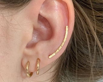 Hammered gold ear climber, Ear cuff. Gold ear crawler, Hammered ear sweep. Ear wrap earrings, Line earrings. Made to order