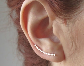 Silver ear climber earrings, Ball ear cuff. Curved line earrings, Ear wrap earrings. Ear crawler, Made to order