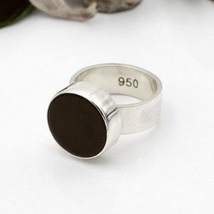 Round flat black onyx silver ring, 14 mm Large onyx ring. Wide band stone ring, Statement jewelry. Made to order