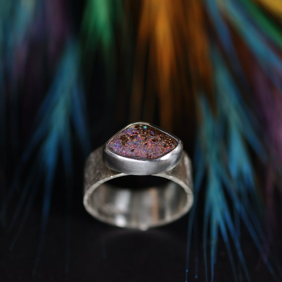 Bague Ancienne En Argent Massif Avec Véritable Opale Boulder - Taille 53, Création Rare De Créateur