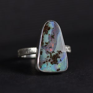 Australian boulder opal ring in solid silver, Genuine Queensland opal ring, Size 58 - US 8.5
