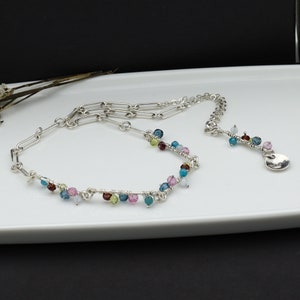 Collier maille rectangle argent et pierres précieuses, Topaze bleue de Londres, Péridot, Topaze rose, Apatite, Grenat, Aigue marine