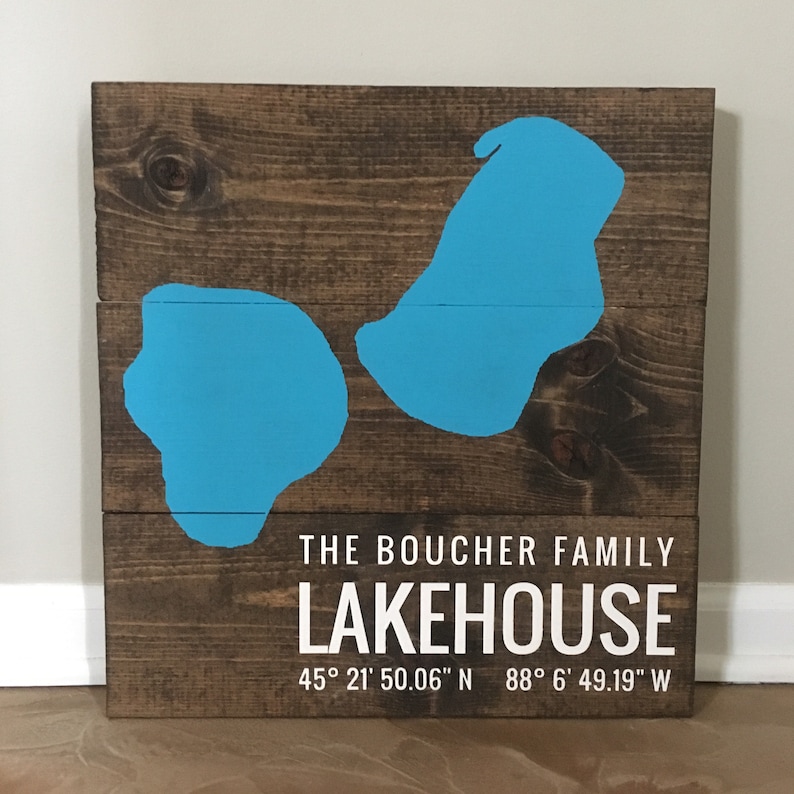 Custom Lake Sign with Family Lakehouse and Coordinates Wood Sign Hand painted