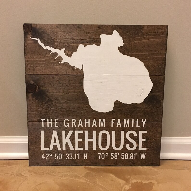 Custom Lake Sign with Family Lakehouse and Coordinates Wood Sign Hand painted