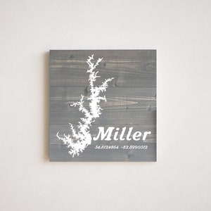 Custom Lake Sign with Last Name and Coordinates Hand painted, Wood Sign image 1