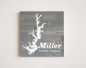 Custom Lake Sign with Last Name and Coordinates - Hand painted, Wood Sign