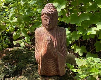 Praying Buddha Bust, 6 LBS Rustic Hand Cast Volcanic Stone, 10" Tall, Indonesia, RIT33927
