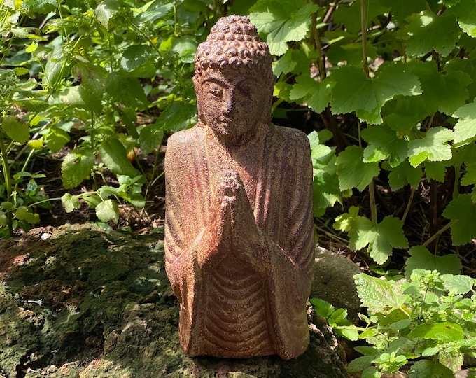 Praying Buddha Bust, 6 LBS Rustic Hand Cast Volcanic Stone, 10" Tall, Indonesia, RIT33927