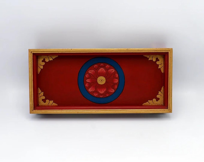 Traditional Tibetan Wooden Tray, Lotus, Handcrafted, Carved, and Hand Painted, Nepal, 14.2" L x 6.5" B x 2.5" H