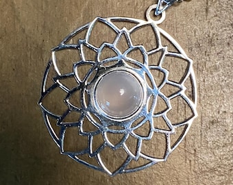 Mandala Genuine Gemstone Pendant, Rose Quartz, Boxed with Chain, LS12295