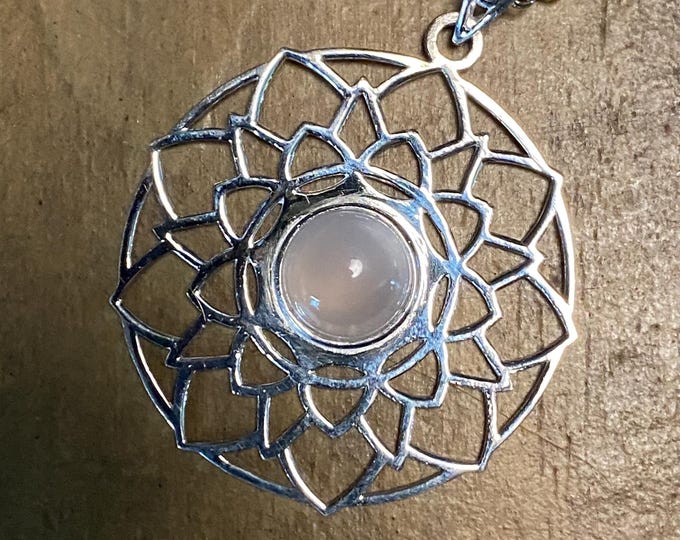 Mandala Genuine Gemstone Pendant, Rose Quartz, Boxed with Chain, LS12295