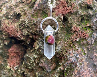 Polished DT Quartz with Watermelon Tourmaline, Gemstone & Silver Pendant with Chain, LS12326