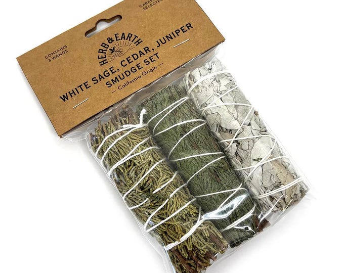 Asst Smudge Stick Pack of 3, One Each of Sage, Cedar, and Juniper, Approx 4" L x 1-1/2" W