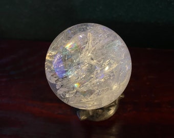 Quartz Sphere, Polished, 1/3 LB- Silver Veils, Scrying Sphere, Rainbow Points, 47.15 mm, 144.50 Grams, Brazil, CR11536