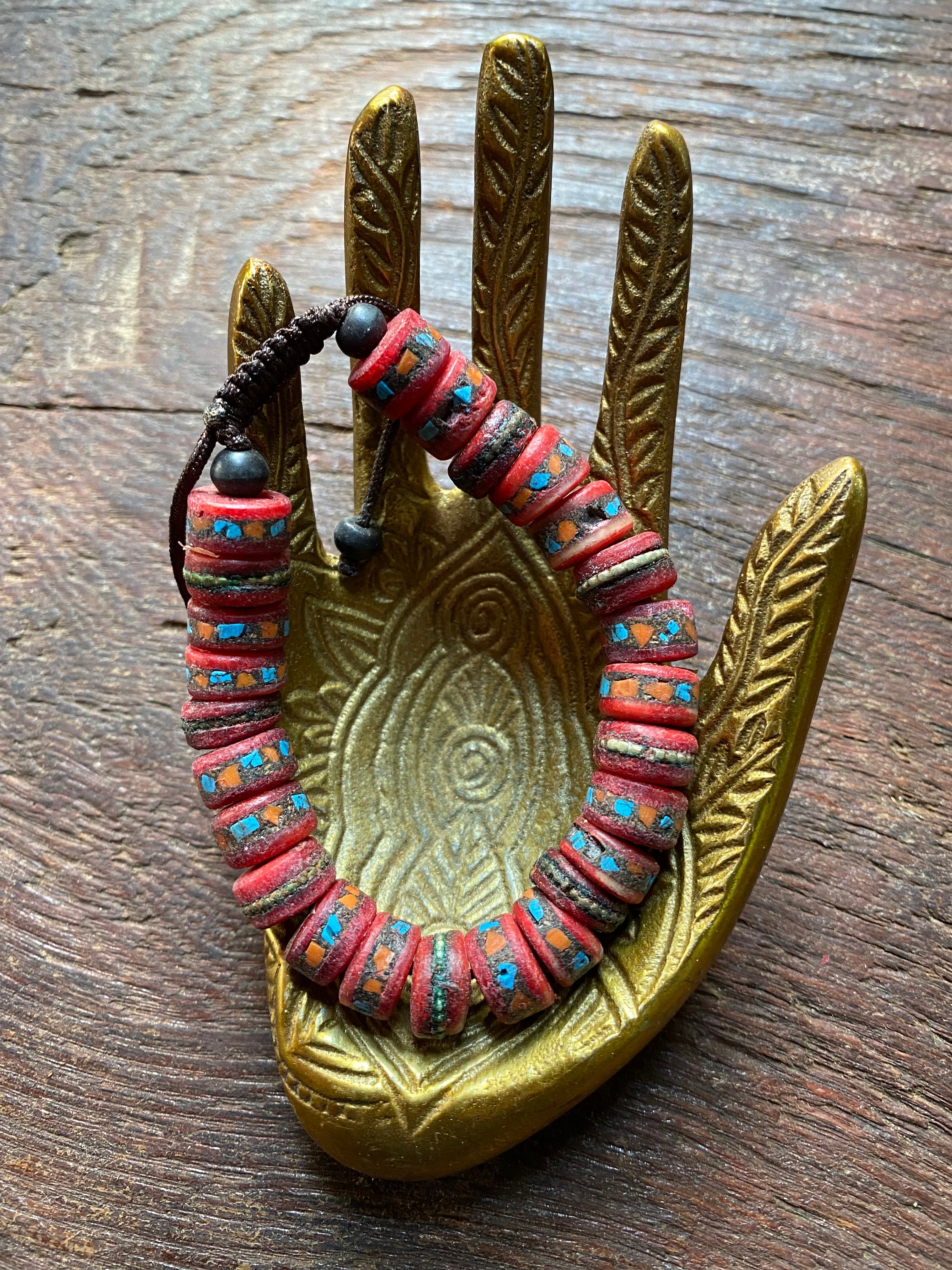 Tibetan Medicine Bracelet, Yak Bone, Metals, Stone, Adjustable, Nepal,  CR5525