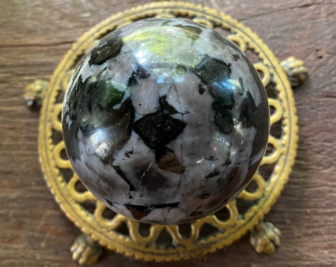 MERLINITE, 1-1/3 LBS+  Dendritic Indigo Gabbro Sphere, 73mm, Polished, Madagascar Healing Crystal, Incl Stand, 606.80 Grams, CR9279