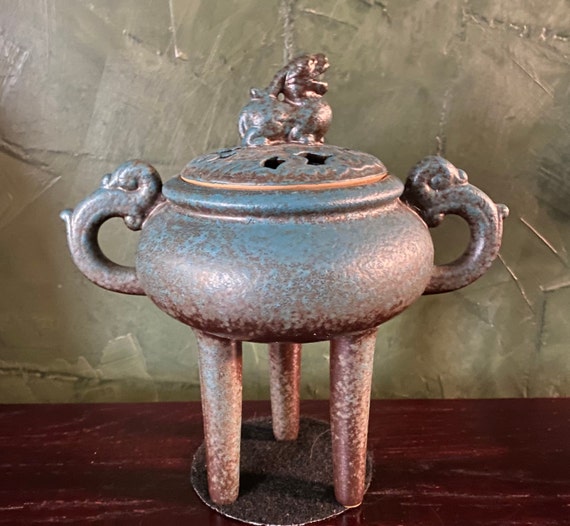 Vintage Tibetan Pottery Incense Burner, 8" Detailed, RIT10603