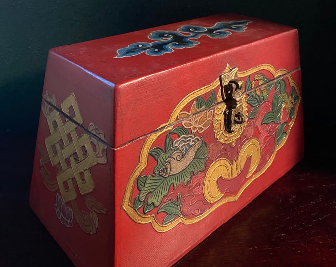 Hand Painted Tibetan Rustic Wooden  Box, Brass Latch, Nepal, 2 LBS+ Unpackaged