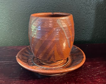 Vintage Rustic Tea Cup with Saucer, Handmade, Clay, Kiln Fired, Food Safe, Beautifully Painted, Tea Making and Serving, 12 oz, 10963