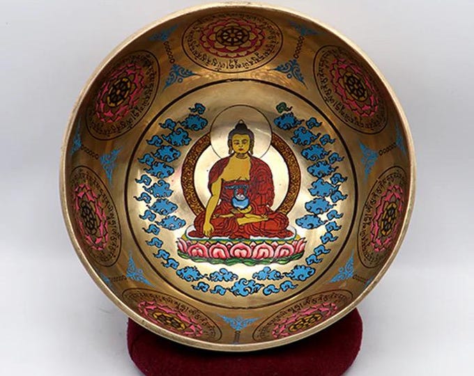 Hand Painted Shakyamuni Singing Bowl, 8-1/4” Dia, 2-1/3 LBS- Set with Booklet, Suede Covered Wooden Striker, Mallet, and  Ring Cushion