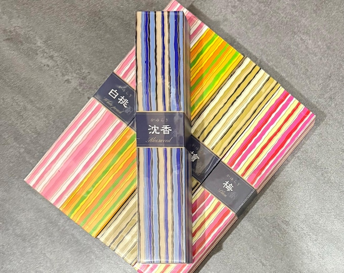 Kayuragi Japanese Fruit/Floral/Woods Incense, White Peach, Plum, Aloeswood, Mikan Orange, Low Smoke, 40 Sticks with Holder, 6” Length