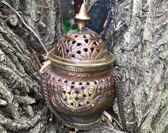 Tibetan Style Hanging Incense Burner Kit, Bronze, Antique Style, Burner Only or With Cone Incense Package