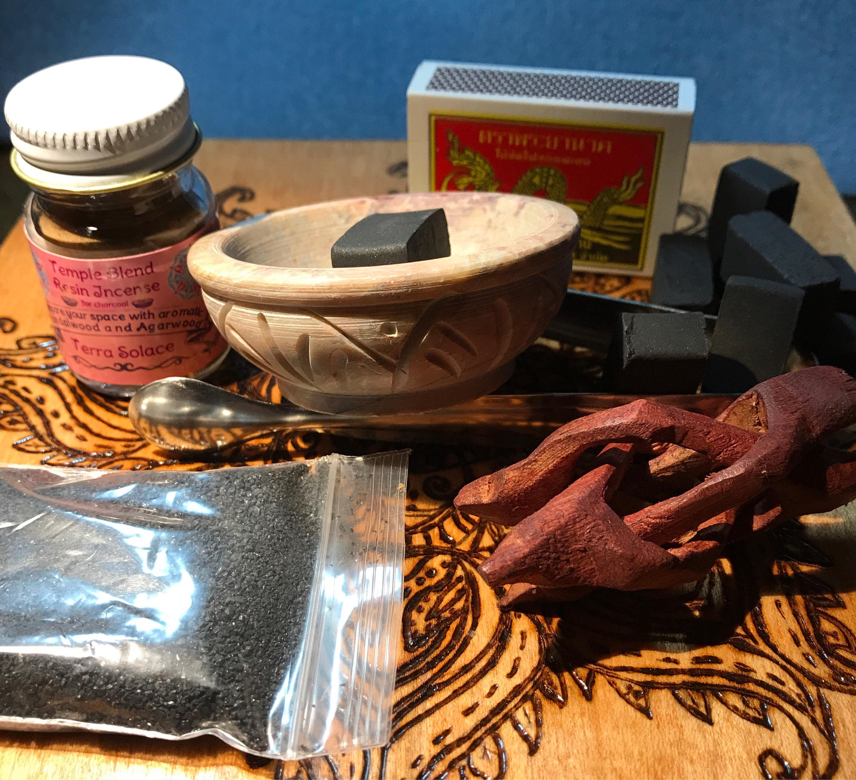 Mini Stone Bowl Incense Burner Kit, Handcrafted Resin Blend Incense