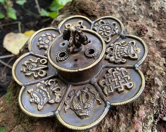 Bronze Antique Incense Burner for Tibetan, Stick, or Cone Incense, Eight Auspicious Symbols, Pedestal Style, 2 Piece, Includes Incense