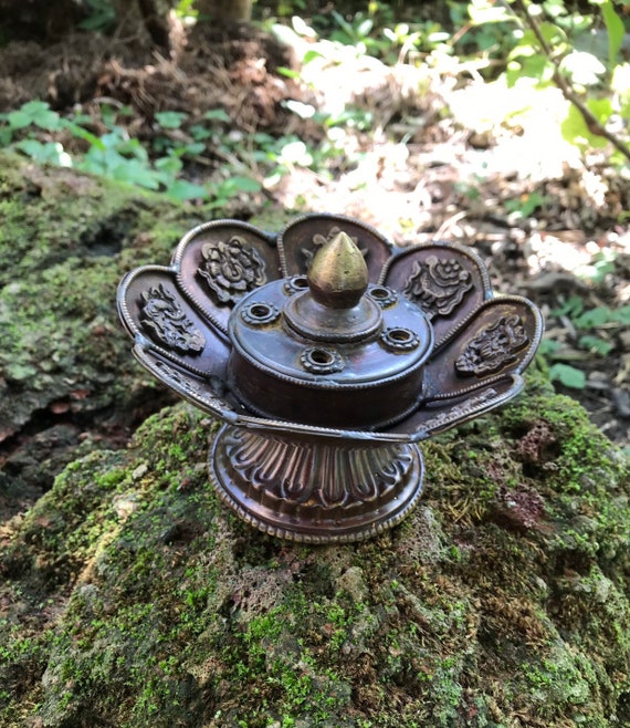 Copper & Bronze Antique Lotus Incense Burner for Tibetan Stick Incense, Removable Lid, Vintage Pedestal Style, 2 Piece, Includes Incense