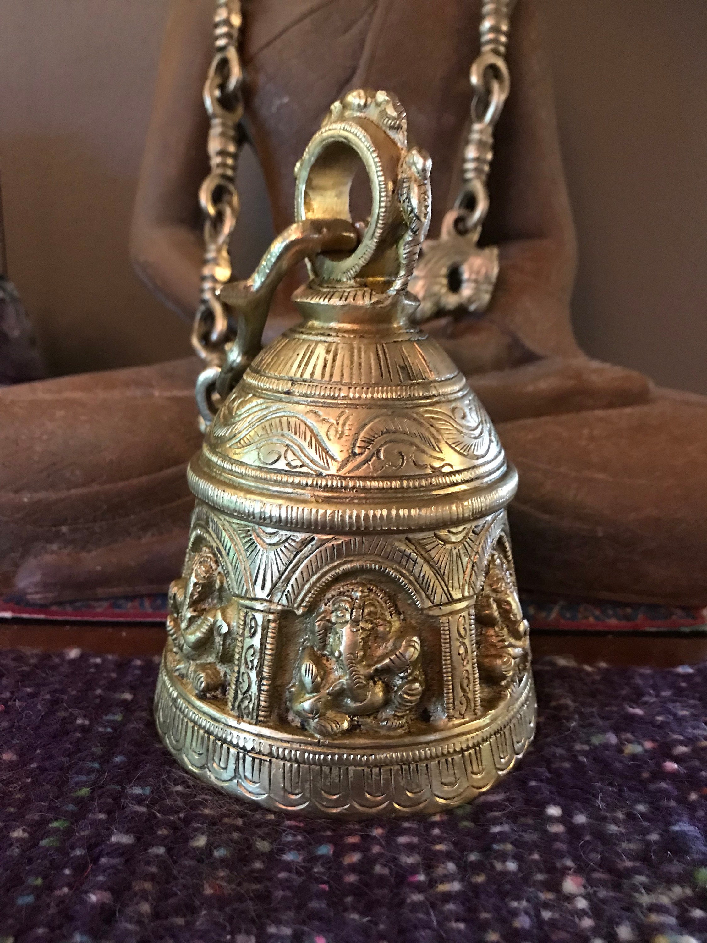 Solid Brass Ganesha Temple Bell with Heavy Chain and Hook, 5 LBS , 6
