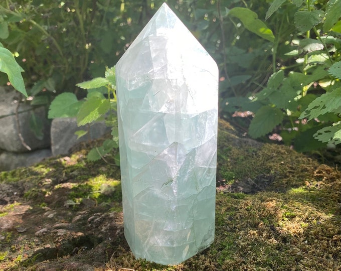 Fluorite, Green Standing Tower, 1-3/4 LBS+  Silver Veiling & Rainbows, 849.30 Grams, CR10463