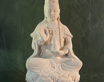 Quan Yin, Guanyin Statue, 16 LBS Solid Stone, Bodhisattva of Compassion, Heavy White Volcanic Stone, Indonesia, RIT33800