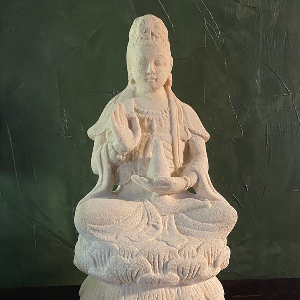 Quan Yin, Guanyin Statue, 16 LBS Solid Stone, Bodhisattva of Compassion, Heavy White Volcanic Stone, Indonesia, RIT33800