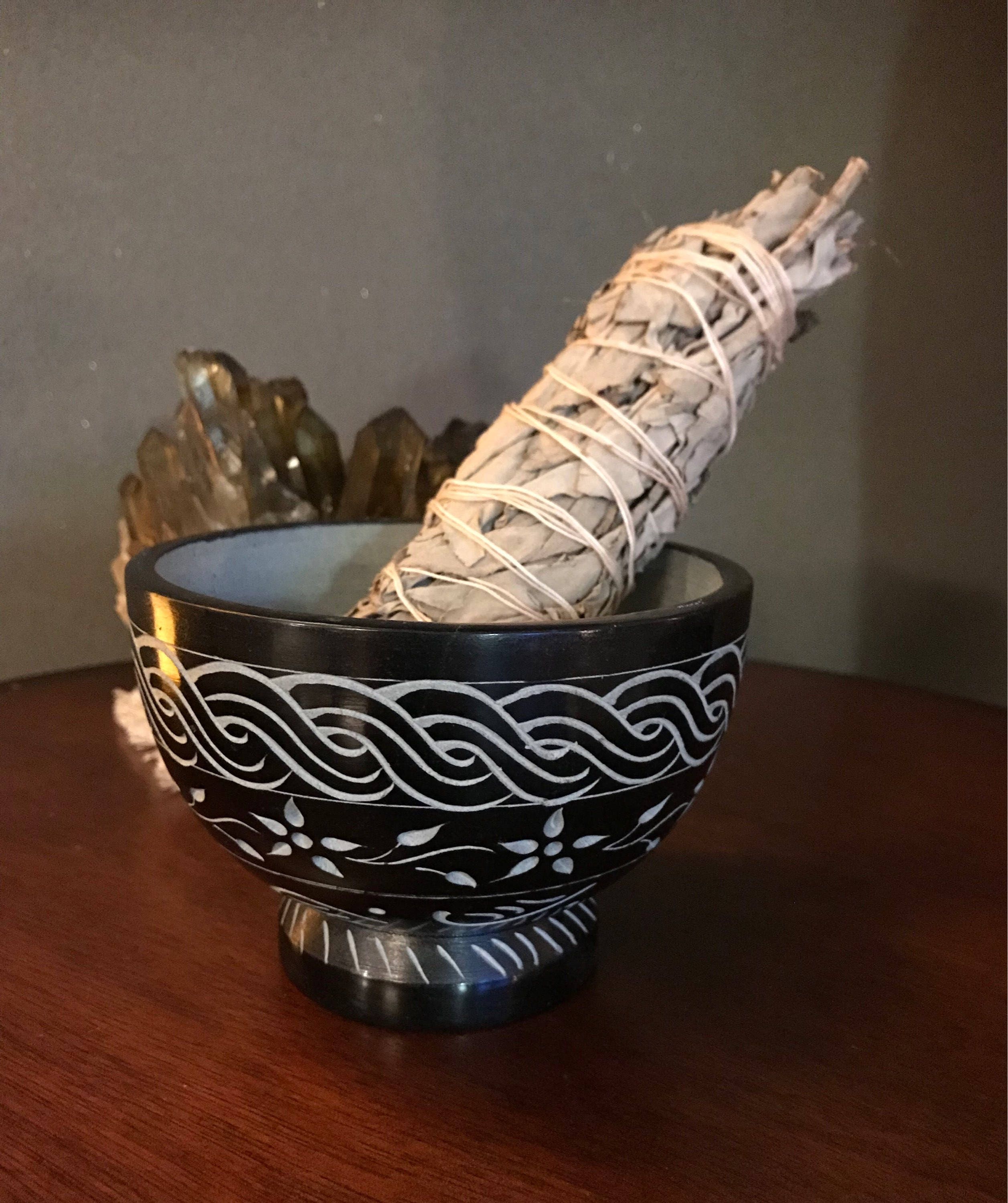 Carved Stone Pedestal Bowl, Rustic, Smudge, Incense, 5 Heavy Altar Bowl