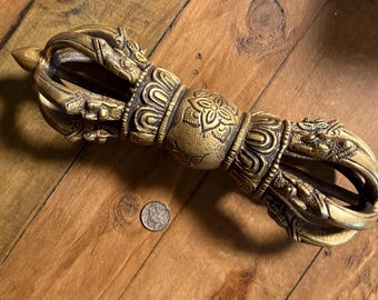 Large Tibetan Vajra, 2-1/4 LBS Sacred Ritual Copper and Brass Dorje, 9” L, Nepal