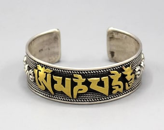 Tibetan Sterling Silver Om Mani Cuff Bracelet, Large, Wide, Adjustable, Handcrafted, Nepal, Adjustable Fit 7-10" Wrist Size, Nepal, LS12322