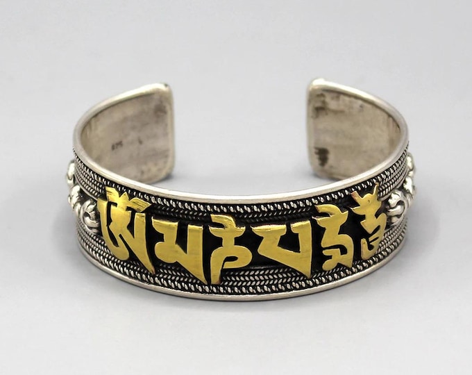 Tibetan Sterling Silver Om Mani Cuff Bracelet, Large, Wide, Adjustable, Handcrafted, Nepal, Adjustable Fit 7-10" Wrist Size, Nepal, LS12322