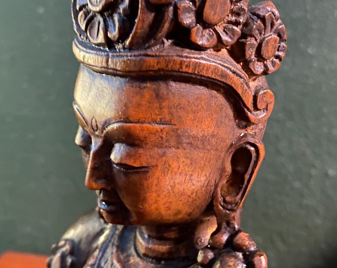 Vajrasattva Statue, Hand Carved Wooden Buddha, Nepal, 1-2/3 LBS., 10.5” Height X 6.25” Width X 4” Depth