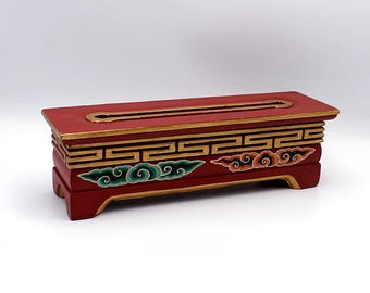 Sky Cloud Tibetan Wooden Incense Burner Box for Tibetan Incense, 2 Cloud, Handcrafted, Carved, and Painted, Nepal, 12-3/4" L, 1-1/4 LBS