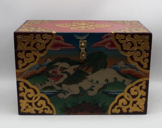 Large Hand Painted Tibetan Snow Lion OR Sankha Flower Wooden Box, Brass Latch, Nepal, 4-1/2 LBS+ Unpackaged